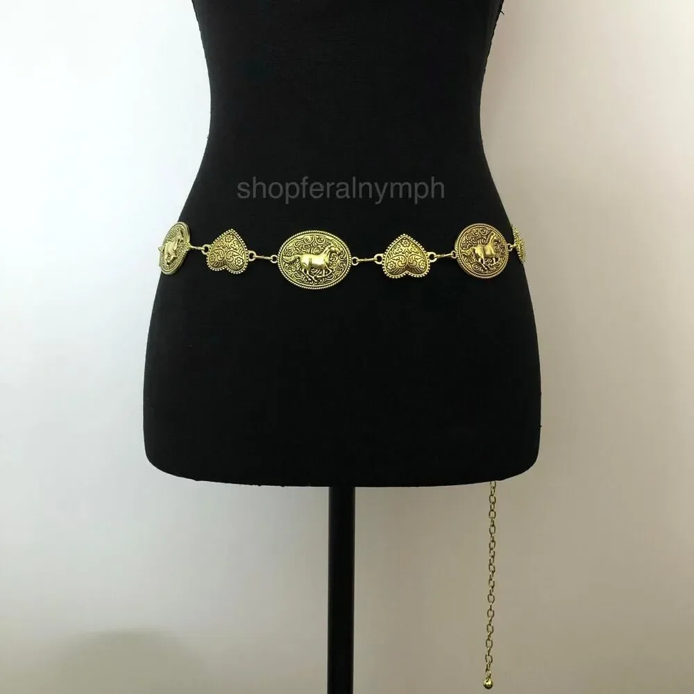 Y2K Boho Gold Horse Heart Medallion Chain Belt, Fits 24–47 Inches, X7GA1175